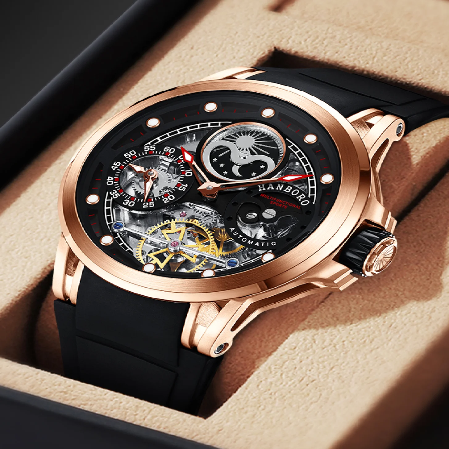 

HANBORO Fashion Personalized Mechanical Men's Watch Trend Hollow out Luminous Automatic watches man Silicone band Reloj Hombre