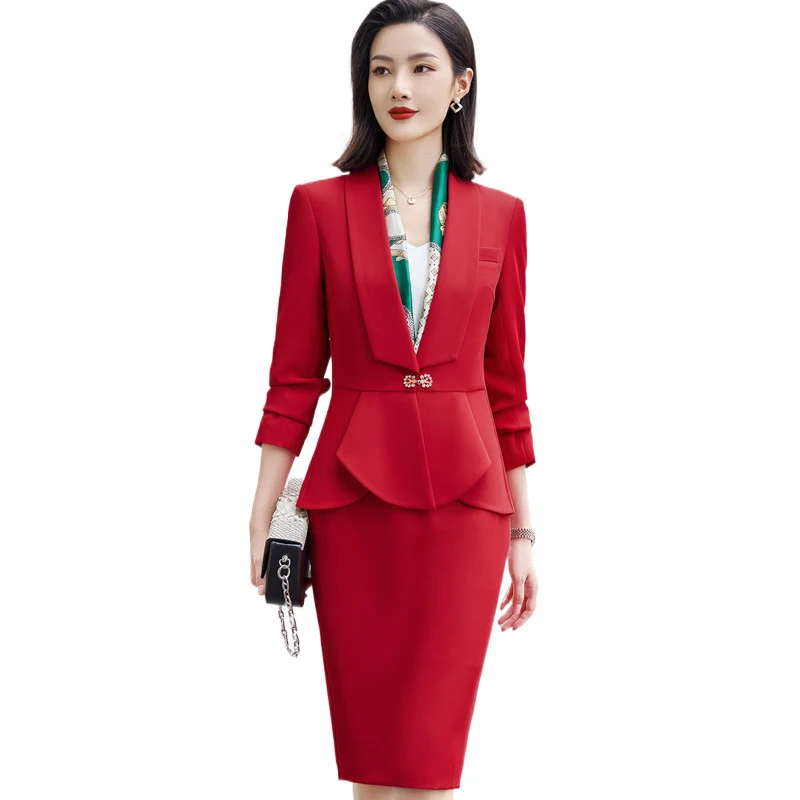 High End Red Business Suits 2023 New Autumn Temperament Fashion Slim Long Sleeve Blazer And Skirt Office Ladies Work Wear White