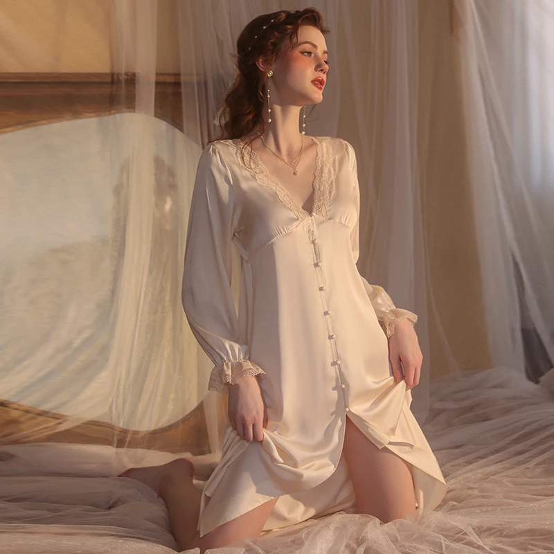 Lingerie Nightdress Solid Color Long Pajamas Comfortable Sweet Lace Long Sleeve Women Homewear Underwear Casual V-Neck Nightgown