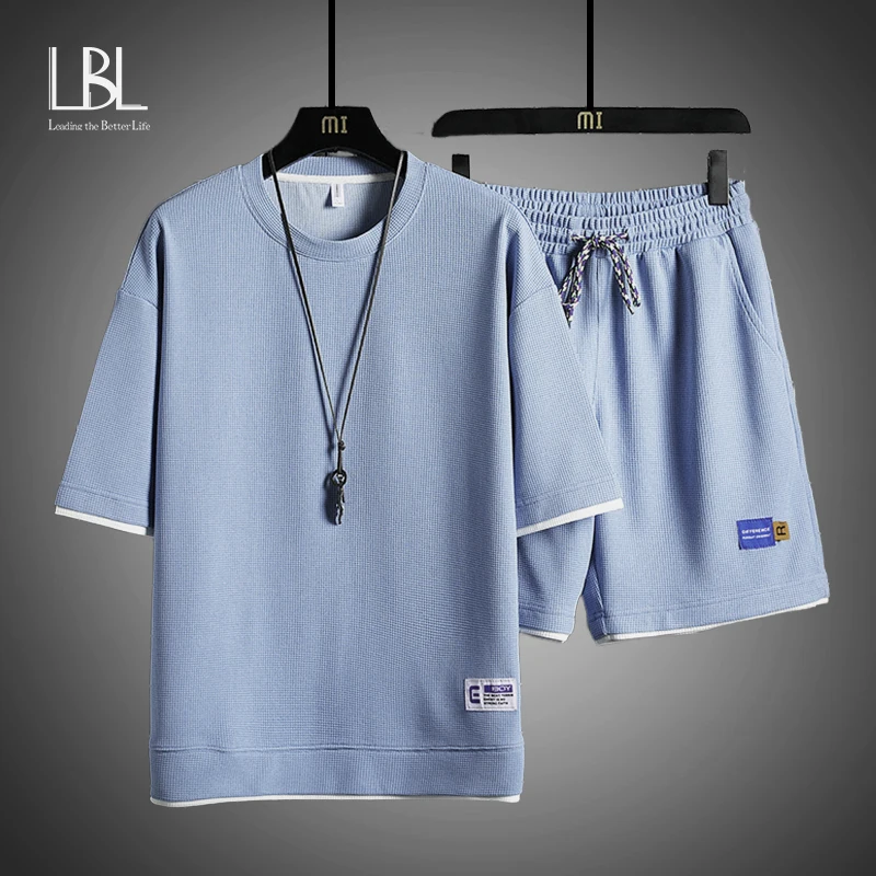 Summer Waffle Men Sets Casual Loose Sports Two-Piece Fashion High-Quality Couples Suits Comfortable Breathable Short-Sleeved Set