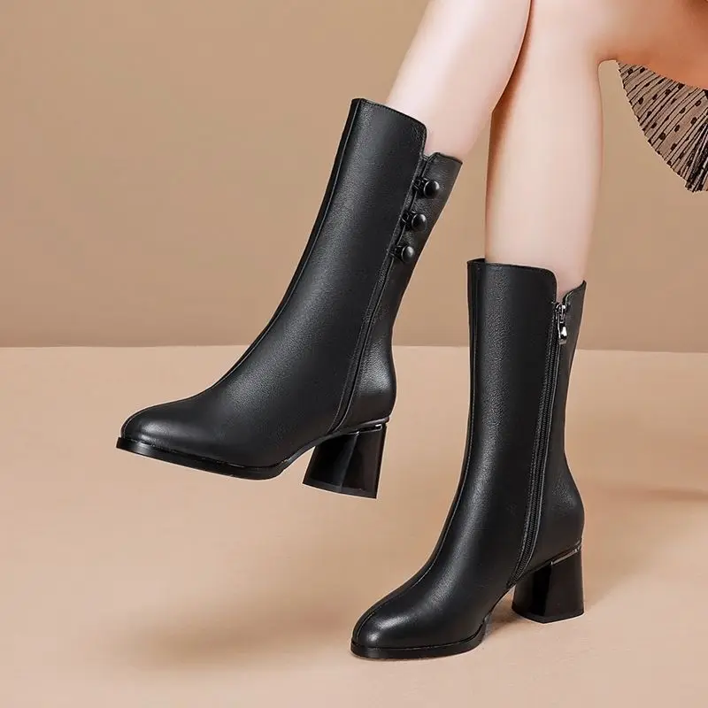 

Женские сапоги до середины икры FHANCHU 2022, модная кожаная зимняя обувь, сапоги на высоком устойчивом каблуке, с круглым носком, с боковой молнией, черные, белые, Прямая поставка