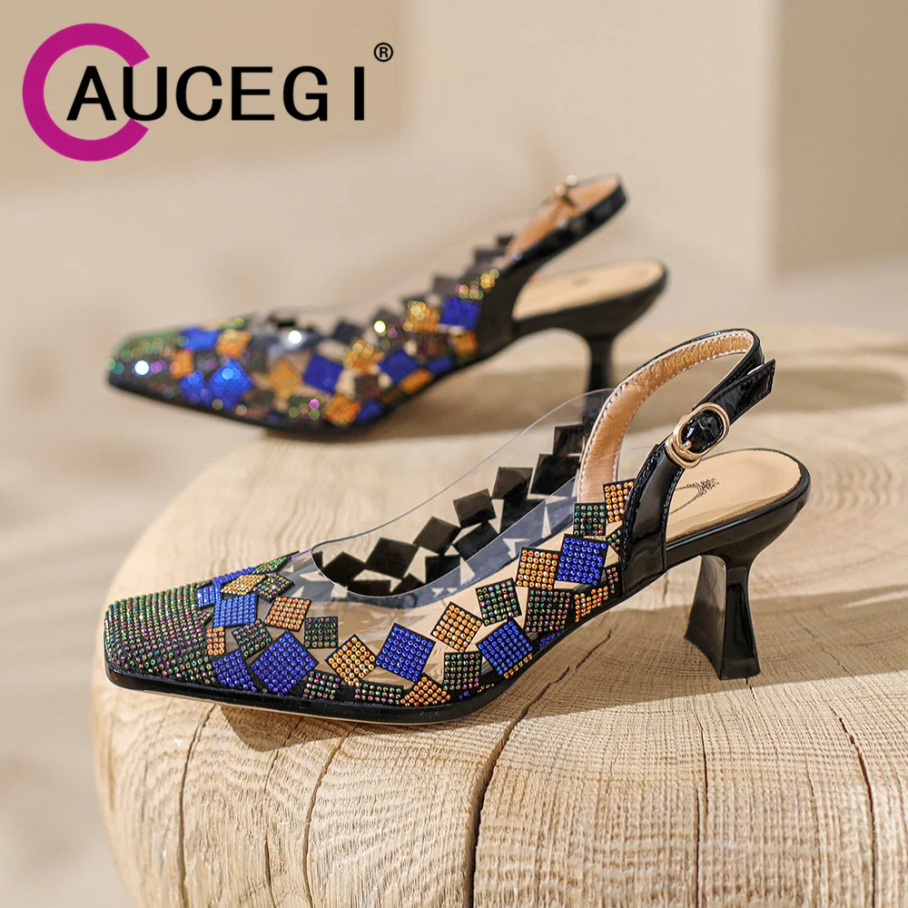 

Aucegi Hot Sale Crystal Summer Slingbacks Runway Sandals Square Toe Women High Heels Transparent PVC Buckle Party Dress Shoes