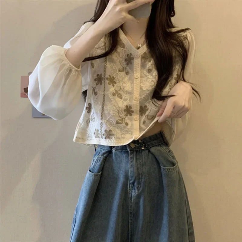 Кружевная рубашка с длинным рукавом и вышивкой 2024 новый дизайн укороченный