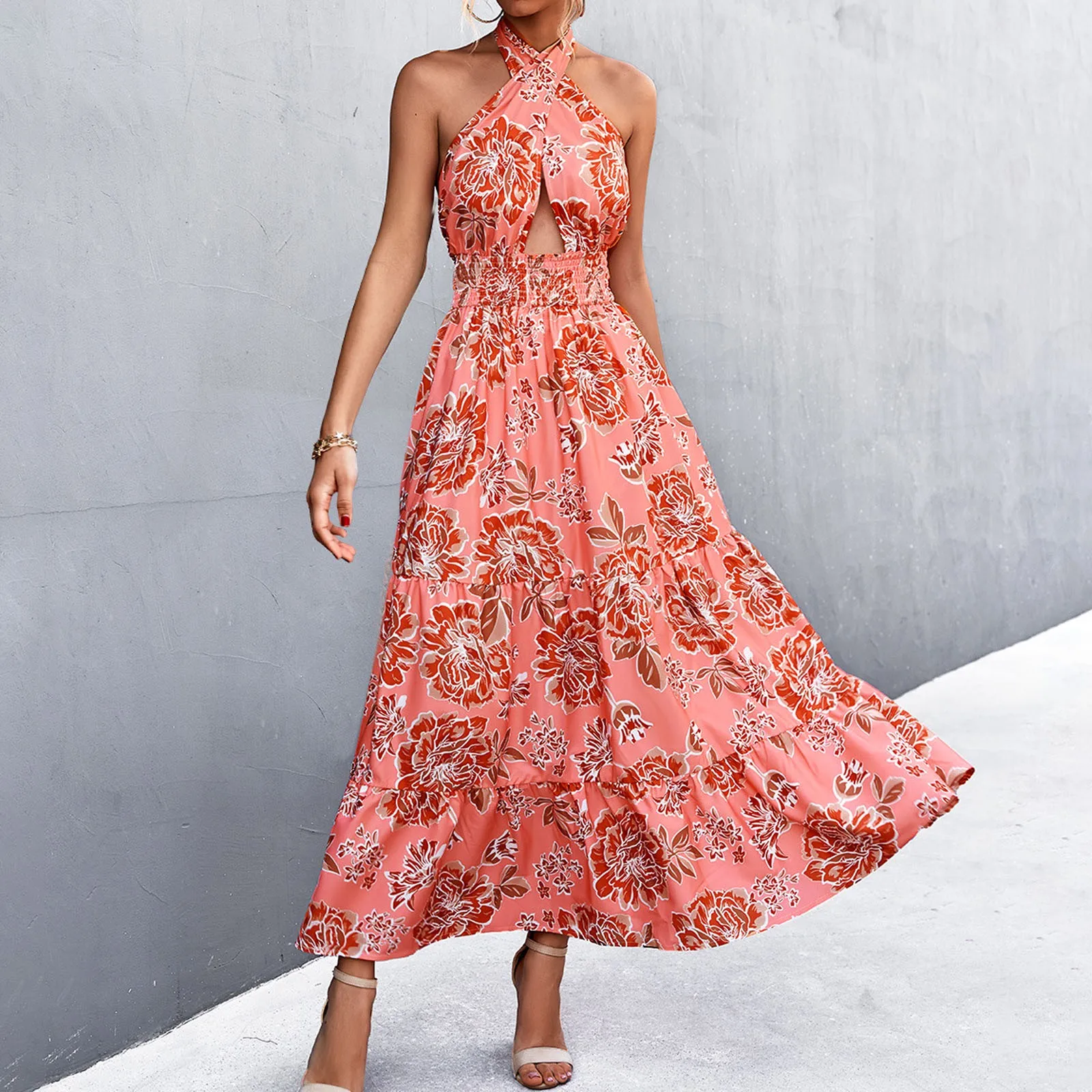 

2022 Summer Maxi Dress Women Sexy Cross Halter Neck Long Dress Fashion Floral Print Hollow Backless Flowy Pleated Party Dresses