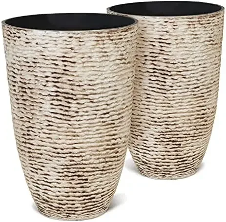 

Garden 9 Gallon Tall Round Planters Set of 2-14" Dia x 21" H Tree Pots for Outdoor Plants - Large Imitation Stone Finish Plants