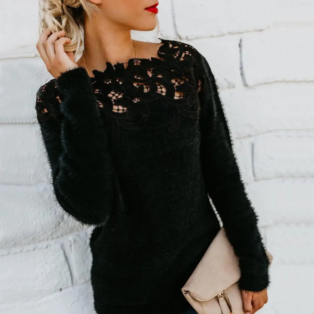 

Plus Size Sexy Women Floral Lace Long Sleeve Sweater Solid Color Jumper Top