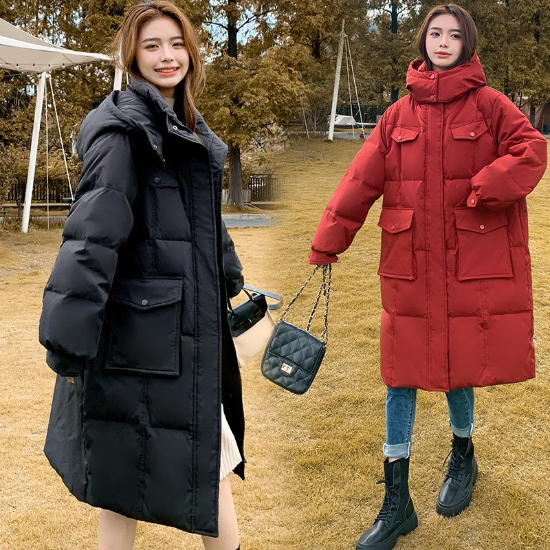 Winter size women's red long hooded down jacket