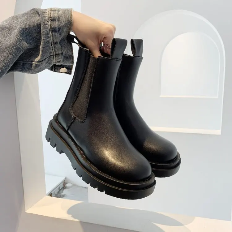 2022 Winter New Brown Women's Boots Thick-soled High-tube Wool Womens Shoes Platform Chelsea Boots High-heeled Short Boots Women