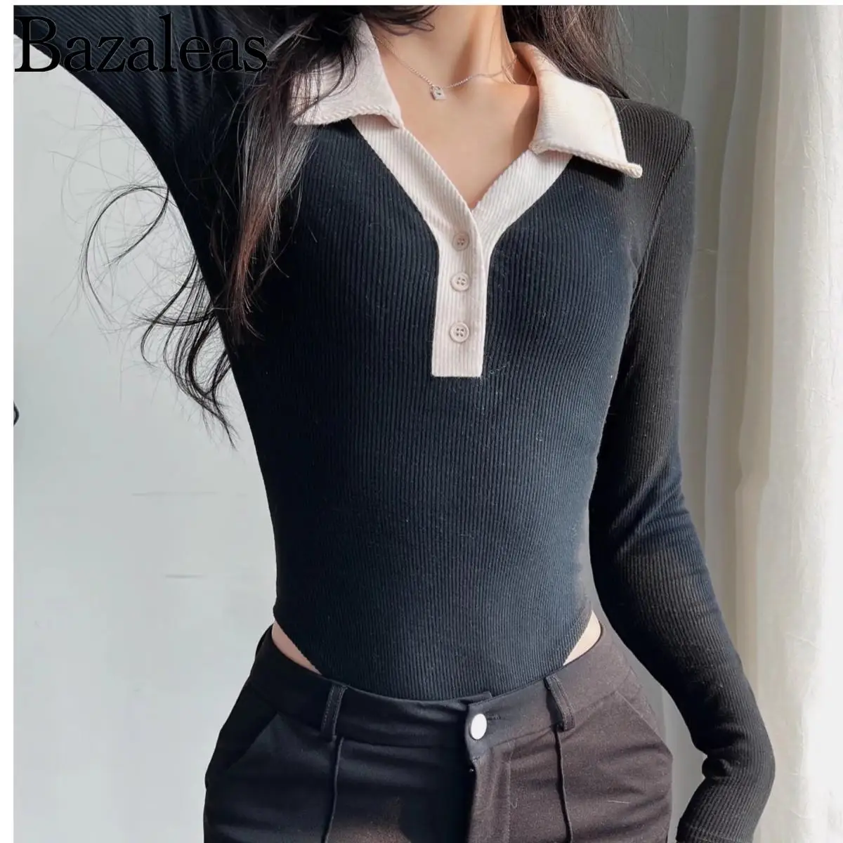 

Vintage Party Overall One Piece Long Sleeve Patchwork Polo Neck Womens Knit Playsuits Skinny Summer Bodysuit