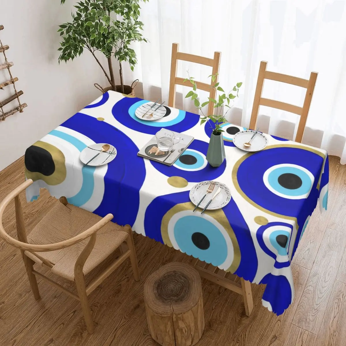 

Rectangular Waterproof Oil-Proof Evil Eye Charms On White Tablecloth Table Covers 40"-44" Fit Moroccan Nazar Table Cloth