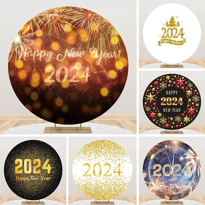 

Round Backdrop Cover New Year 2024 Decorations for Home Party Color Fireworks Circle Photography Background Photo Booth Banner