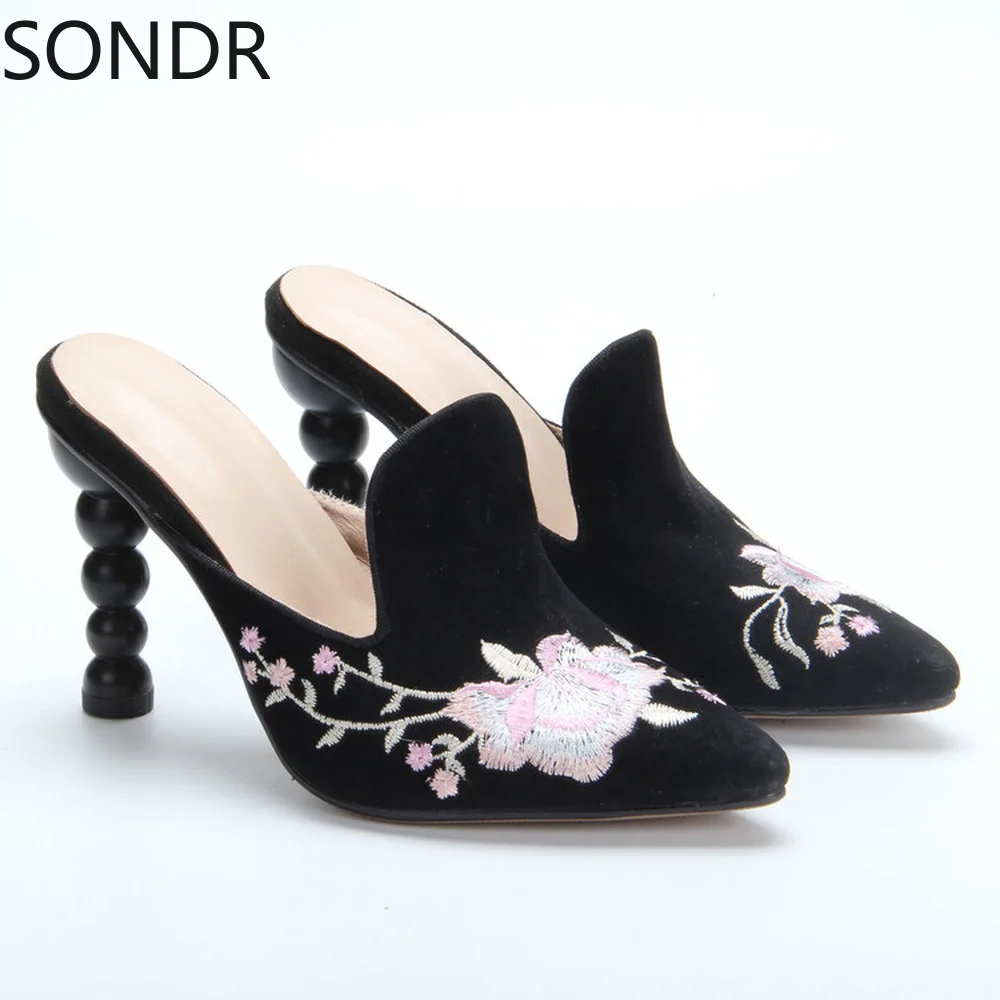 

Womens Pointed Toe Rhinestones Bowtie Embroidery Floral Strange High Heel Genuine Leather Slippers Mules Slides Shoes New 2022