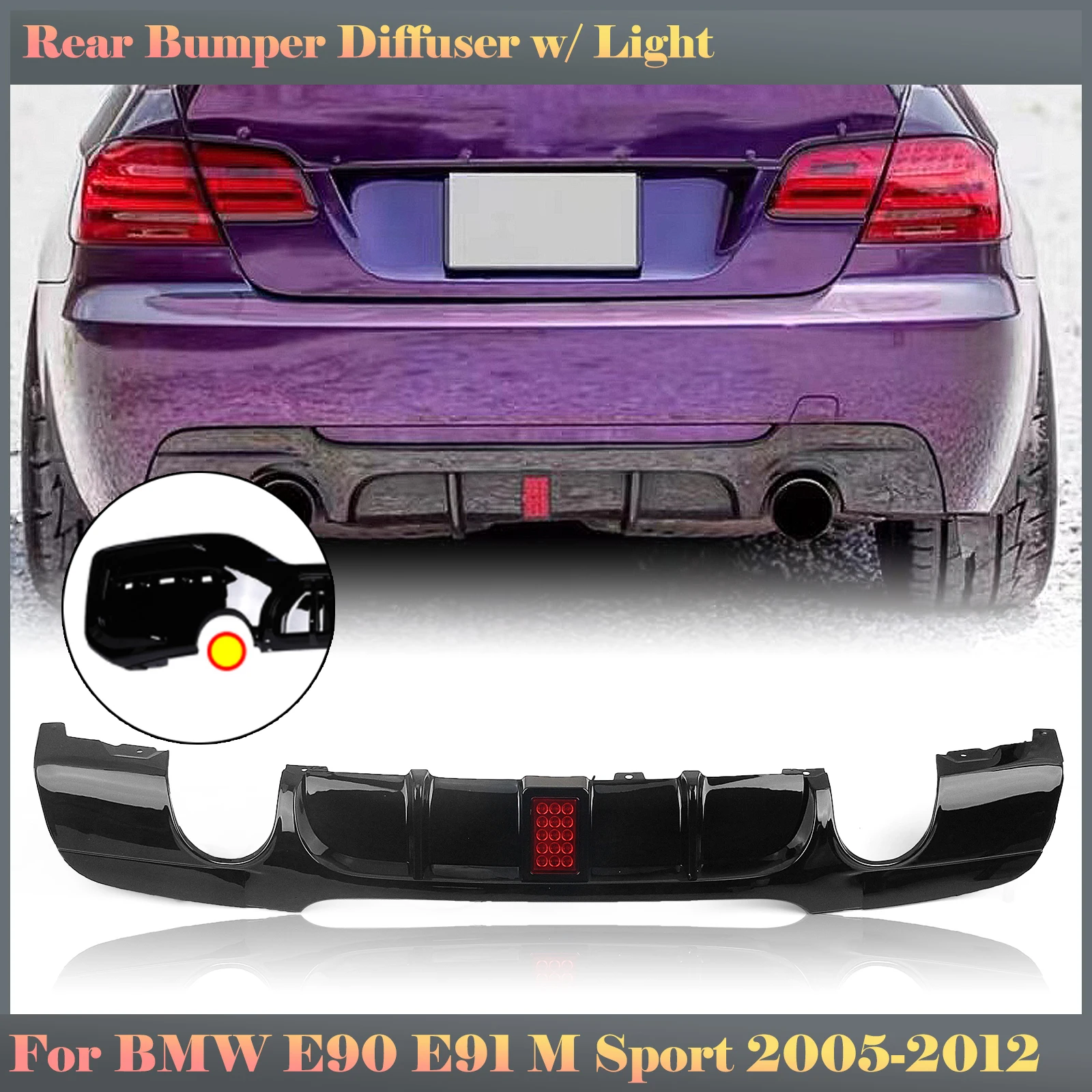 

For BMW 3 Series E90 E91 M Sport 2005-2012 Rear Bumper Diffuser Lip Glossy Black Car Dual Exhaust Splitter Spoiler With LED Lamp