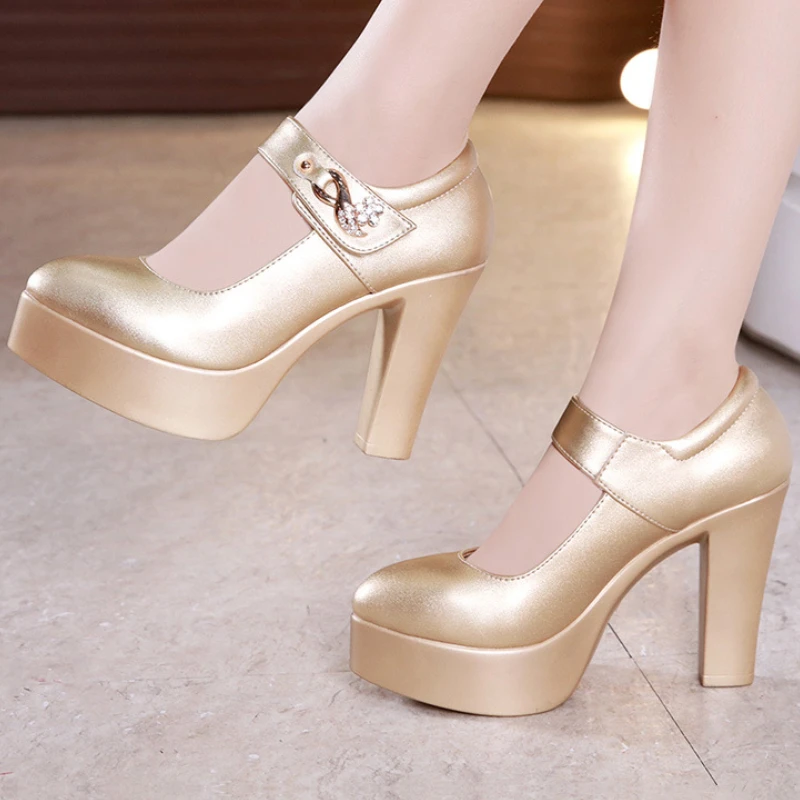 

Block Heels Gold Silver Wedding Shoes Women Pumps 2022 Rhinestone 10cm High Heel Shoes Ladies Party Dress Shoe 33 41 42 43 44