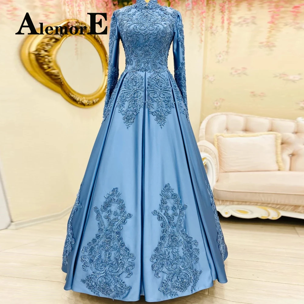 

Alemore Exquisite Muslim Evening Prom Dresses Satin High Neck Appliques Beading A-Line Long Sleeves Custom Made Vestidos