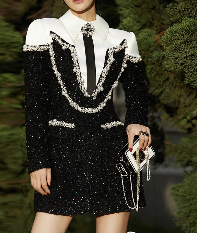 Женская одежда облегающее ТРАПЕЦИЕВИДНОЕ ПЛАТЬЕ с блестками и тяжелыми бусинами
