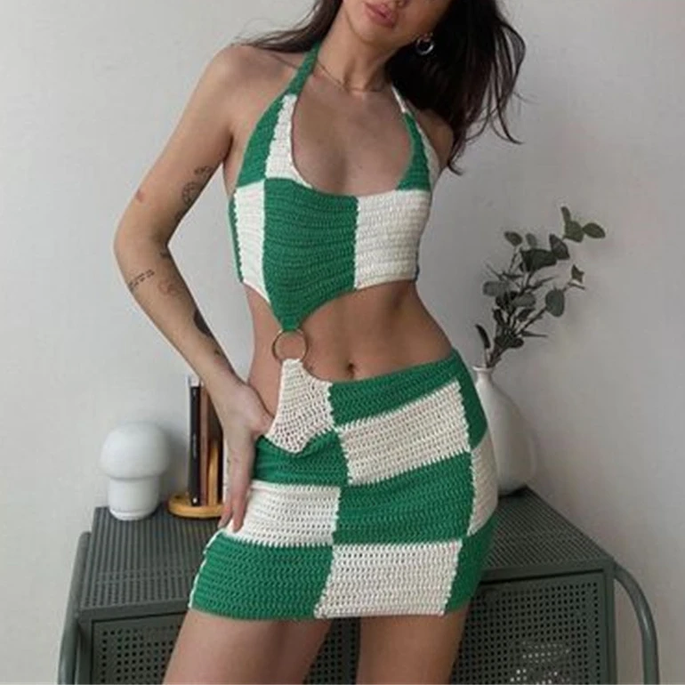

Short Plaid Dress Women Cut Out Green Summer Knitted Bodycon Sexy Dress 2022 Woman Sleeveless Halter Club Casual Dress