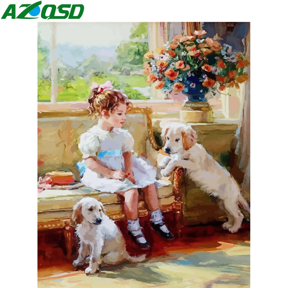 

AZQSD Diy Oil Painting By Numbers Girl Dog Figure Painting By Numbers Handmade Gift Coloring Draw Craft Wall Art Gift