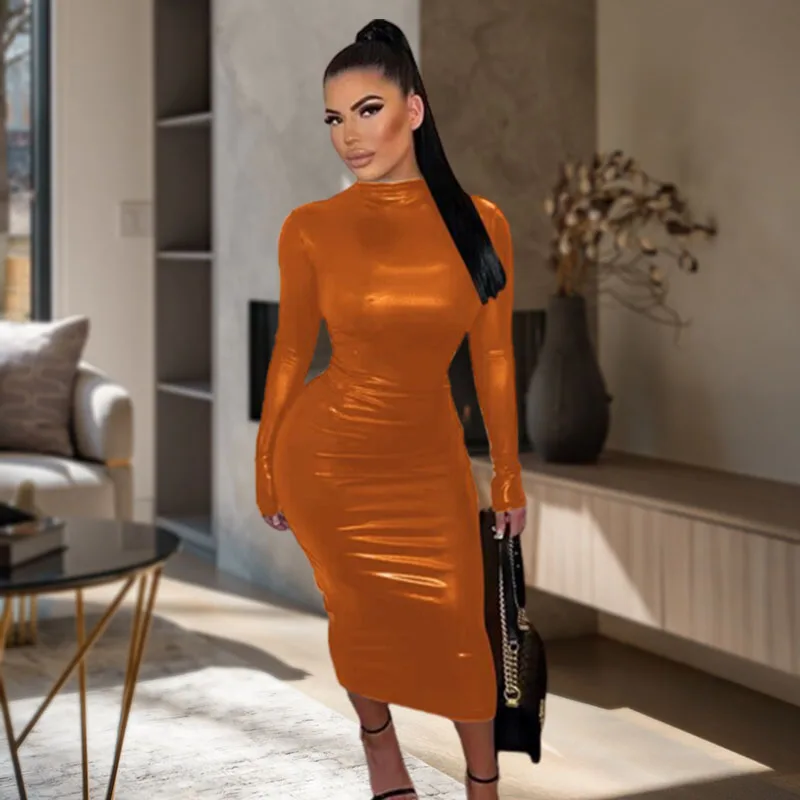 Black Midi Bodycon Dress Sexy Women Turtleneck Long Sleeve Pu Leather Party Dresses Club Elegant Autumn Winter