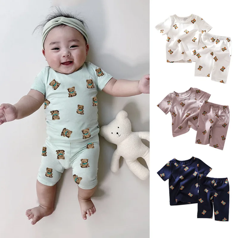 

2022 Toddler Girl Clothes Set Children Unisex Cartoon Bear T-shirt+pants Suit Baby Short Sleeve Tops Sets Kid Cotton Shirt Suits