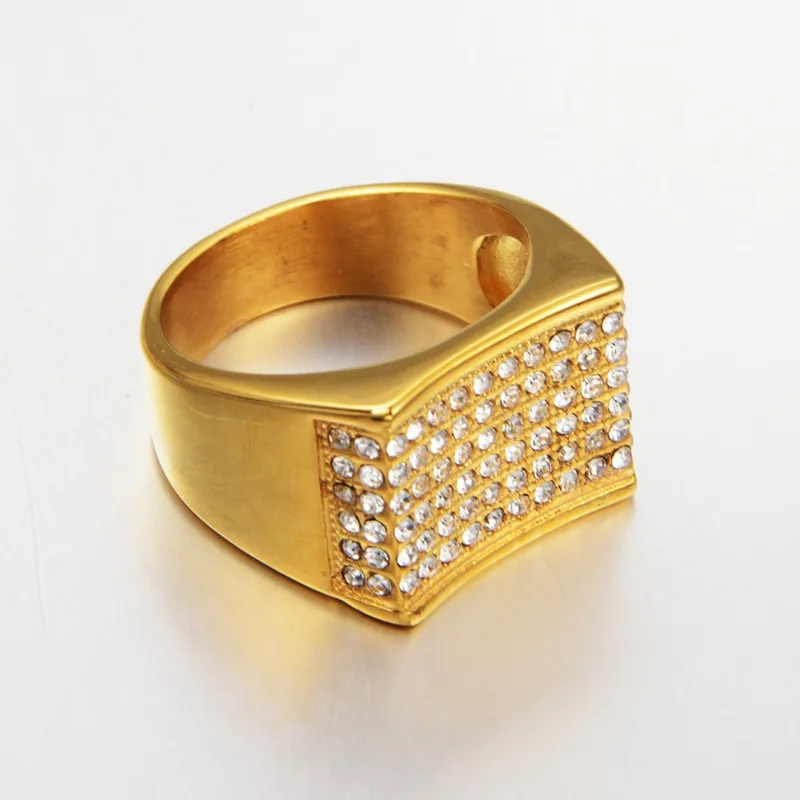 

Hip Hop Iced Out Square Rings Male Gold Color Stainless Steel Cubic Zirconia Bling Large Big Rings For Men Party Jewelry Gift