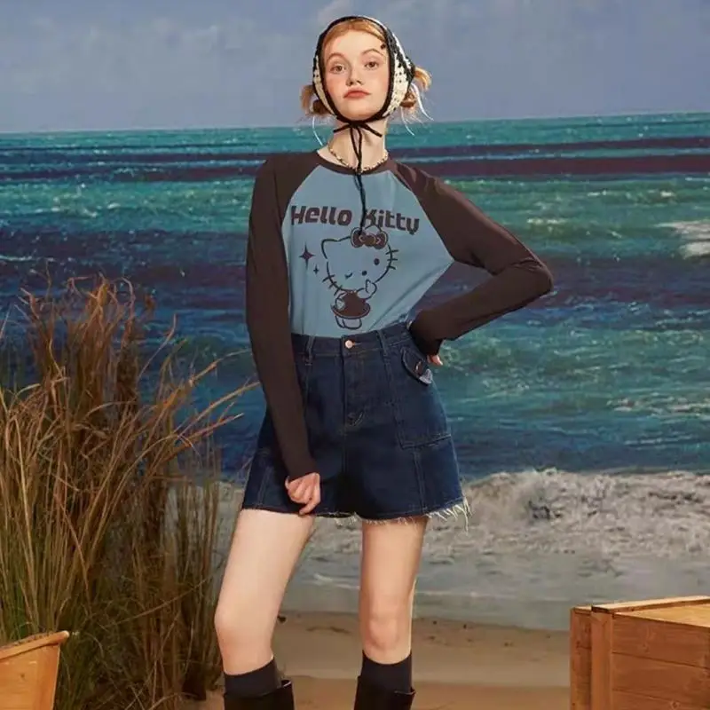 

Kawaii Sanrios Anime Series Hello Kitty Retro Plunger Sleeve T-Shirt Retro Clash of Colours Spice Girls Slim Long Sleeve Top