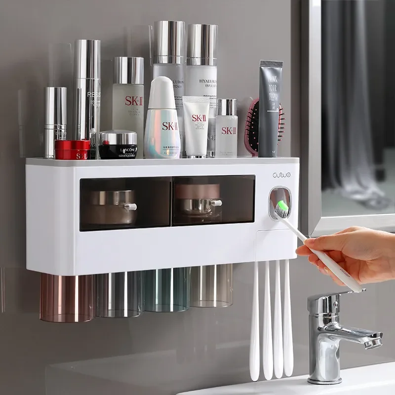 

Magnetic Adsorption Toothbrush Holder Inverted Cup Wall Mounted Automatic Toothpaste Dispenser Bathroom Accessories Sets