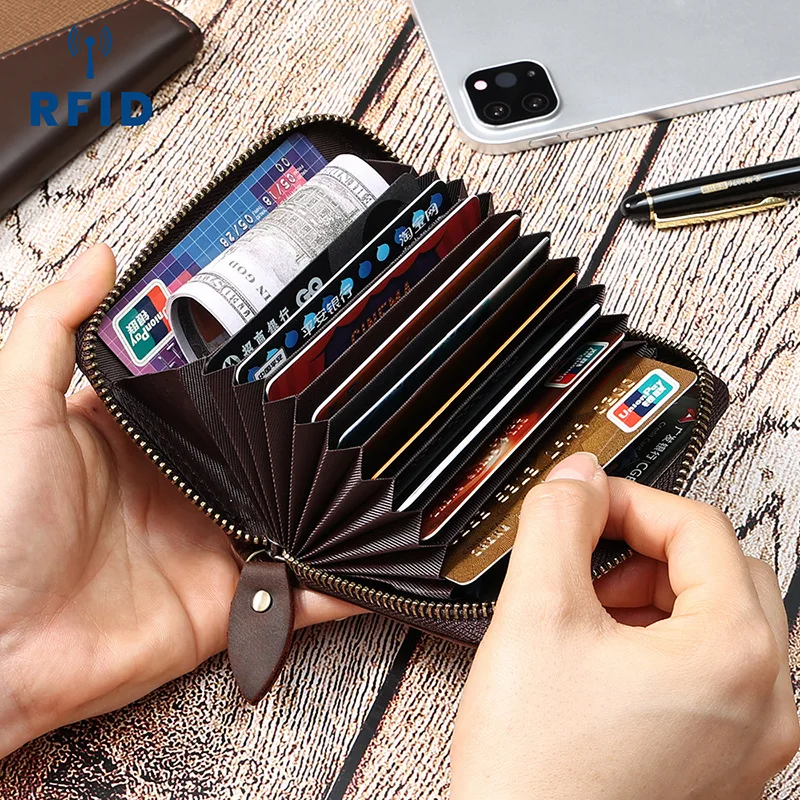 

SIMLINE Genuine Leather Credit Card Holder For Men Vintage Organ Design Rfid Blocking Zipper Business Card Case Wallet Money Bag