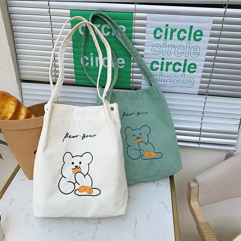 

Сумка на плечо женская, большой вельветовый тоут для покупок, Пляжная Повседневная хлопковая вместительная дамская сумочка, многоразовый мешок с медведем