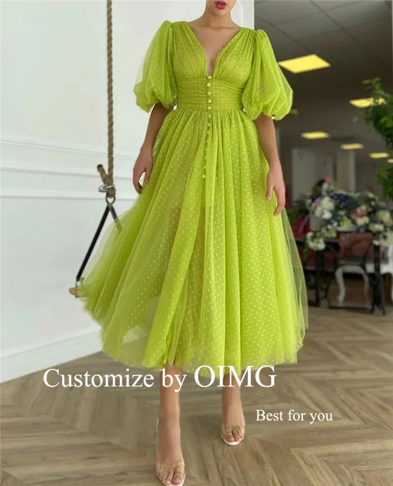 

OIMG 2022 Bright Green Dotted Tulle Prom Dresses Short Puff Sleeves V Neck Buttons Tea Length Formal Party Dress Evening Gown