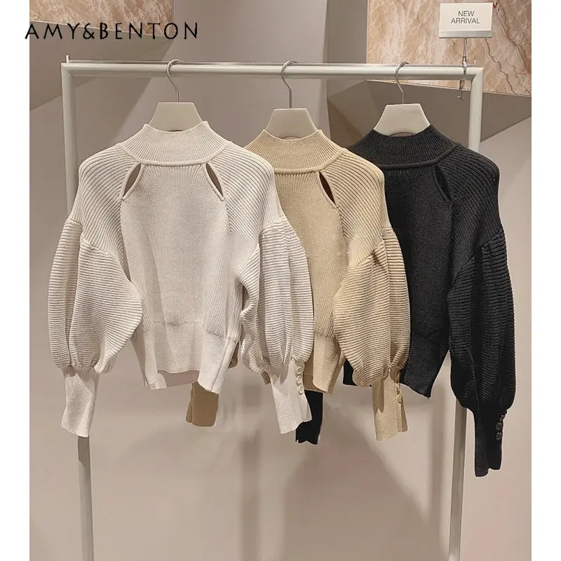 

Autumn and Winter Elegant Sweater Women's Solid Color Lady Shoulder Hollow Jumper Female Puff Sleeve Solid Cute Sweater