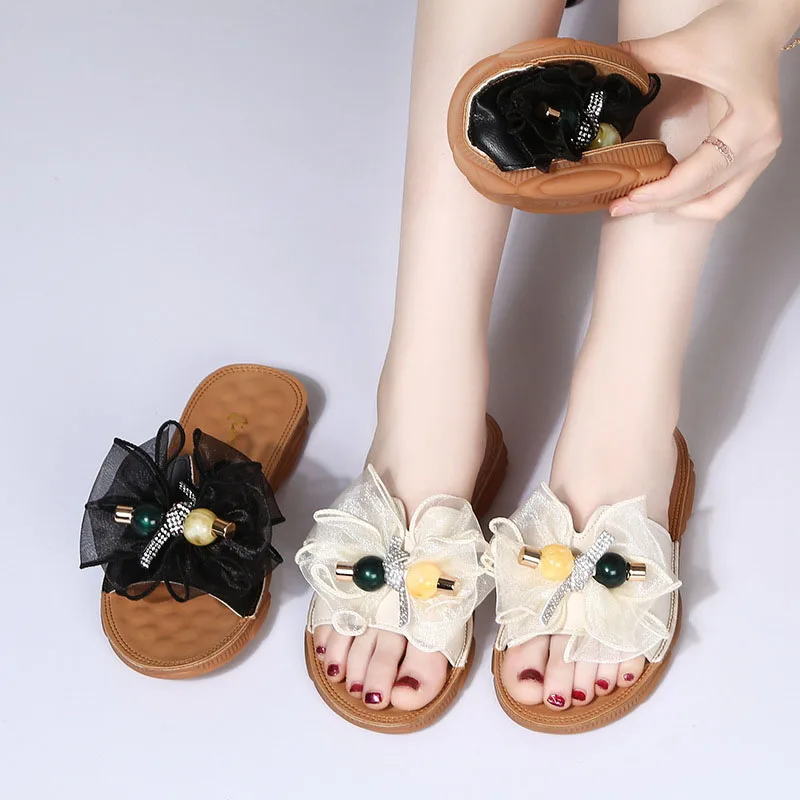 

Flat Bottom Women Slippers Summer Outer Wear Soft Sole Lace Bow Female Slides Slip-on Shallow Sandalias Casual Chaussure Femme