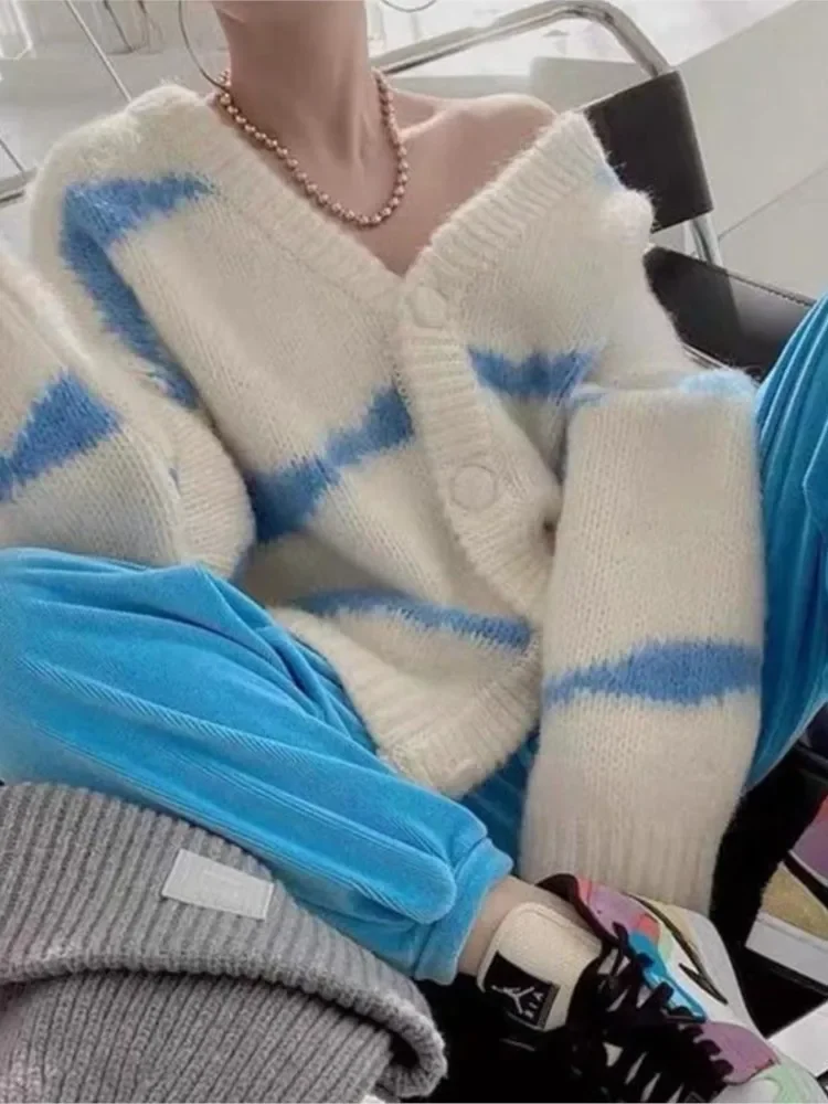 Женские свободные полосатые свитера корейские вязаные кардиганы с v-образным