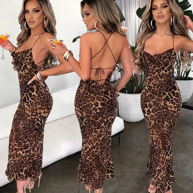 

European and American Style Women's Clothing2022New Spring and Spring Leopard Print Printed Sexy Backless Lace up Slim Fit Midi