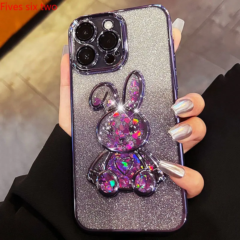 

Cute Rabbit Glitter Quicksand Plating Case For iPhone 14 Pro Max 14Plus 13 12 11 Transparent Bling Protector Soft Silicone Cover