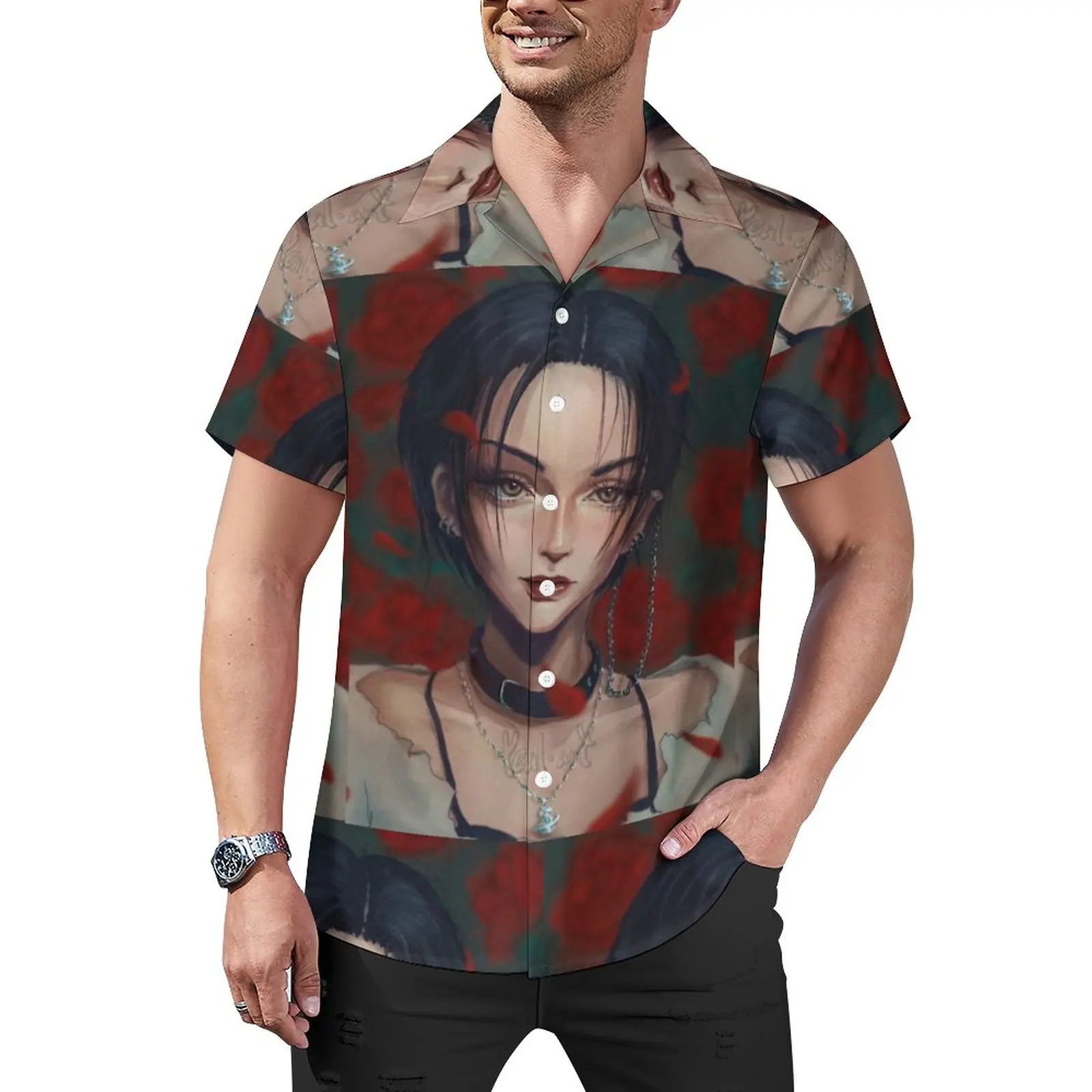 

Nana Osaki NANA Anime Vacation Shirt Black Stones Hawaiian Casual Shirts Male Streetwear Blouses Short-Sleeve Clothing Plus Size