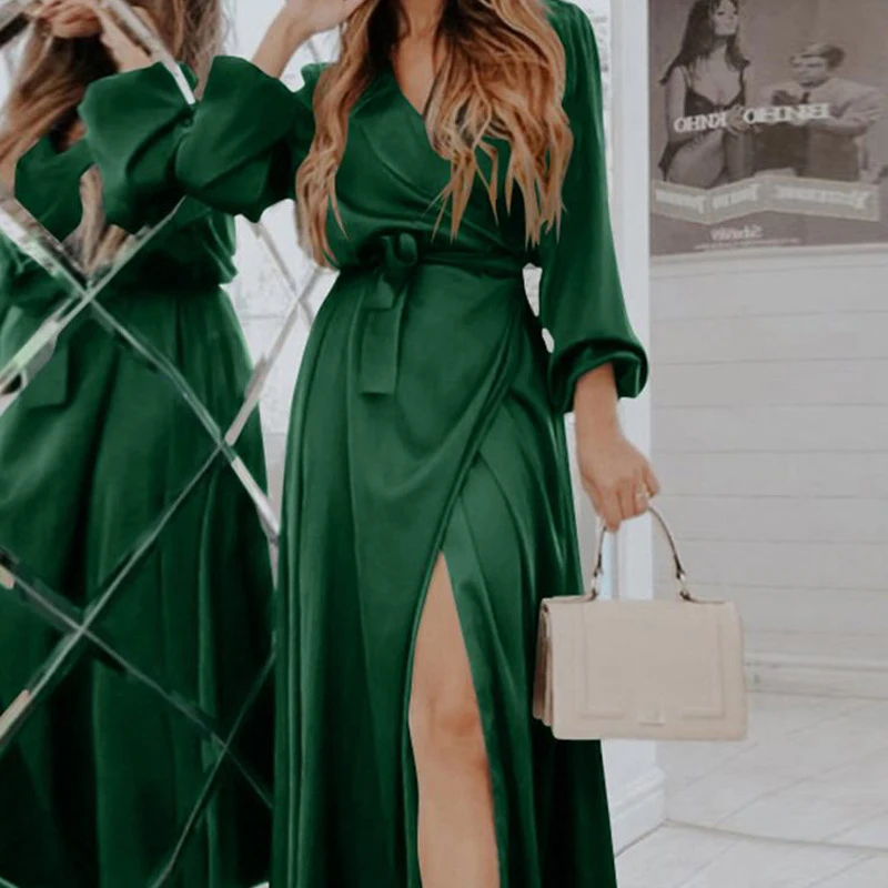 

Lady Spring Fashion Solid Silk Face Slim Split Dress 2022 Office Elegant V-Neck Tie Waist Long Dress Autumn Women's Party Dress