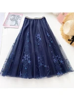 heavy work elegant star embroidered women skirts sequined high waist mesh skirt summer big swing galaxy fairy long tulle skirt