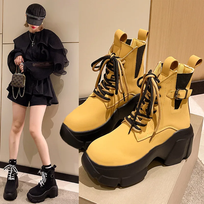 

Женские ботинки на платформе, полусапожки на платформе, без застежки, черные, белые, на осень-зиму