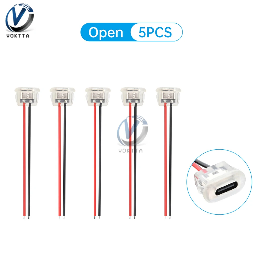 

5 шт. 2-контактные гнездовые разъемы USB Type-C, входная розетка для зарядки, водонепроницаемый порт питания USB-C, проводной провод 24AWG со светодиодной подсветкой