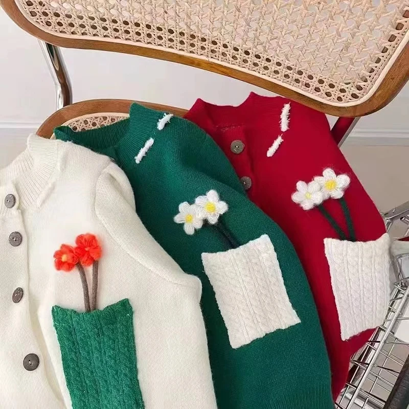 Red Knitted Sweater Women's Autumn Flower Three-dimensional Pattern Loose Wear Outer Long Sleeve Knit Cardigan Thin Coat Female