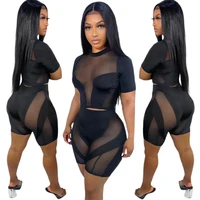 ladies two piece summer womens sexy streetwear round neck mesh splicing hollow short sleeve perspective suit womens nightclub