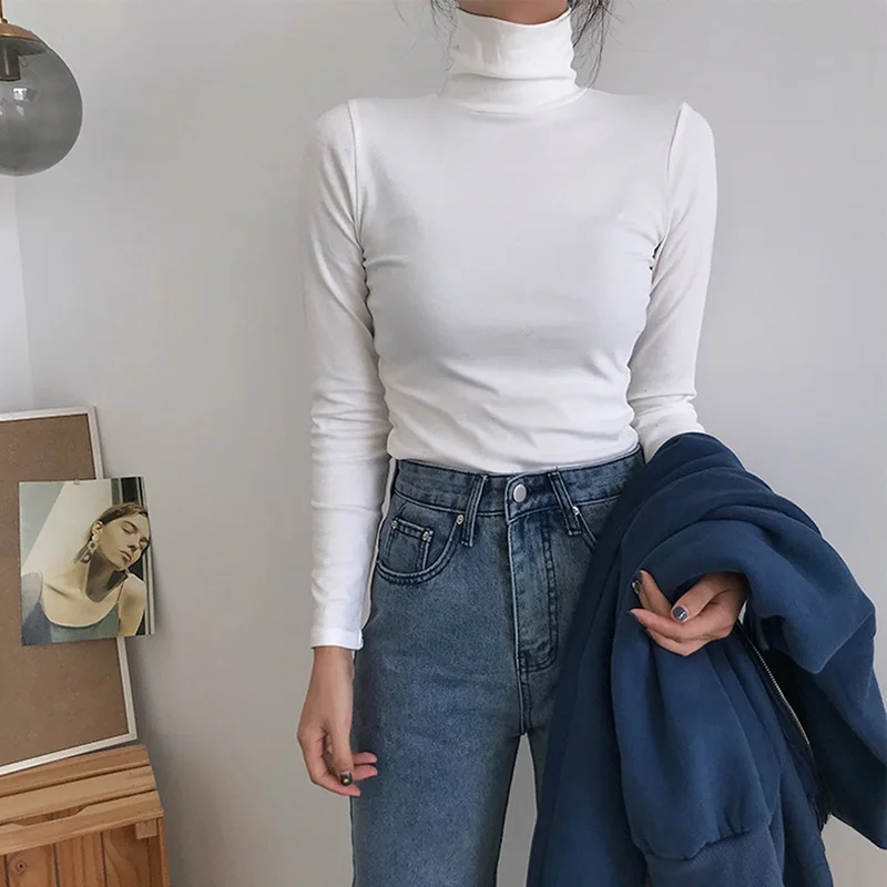 

Richkeda Store Spring Autumn Long Sleeve Top Slim Knitted Bottoming Shirt Korean Fashion Black Turtleneck Sweater Women Clothing