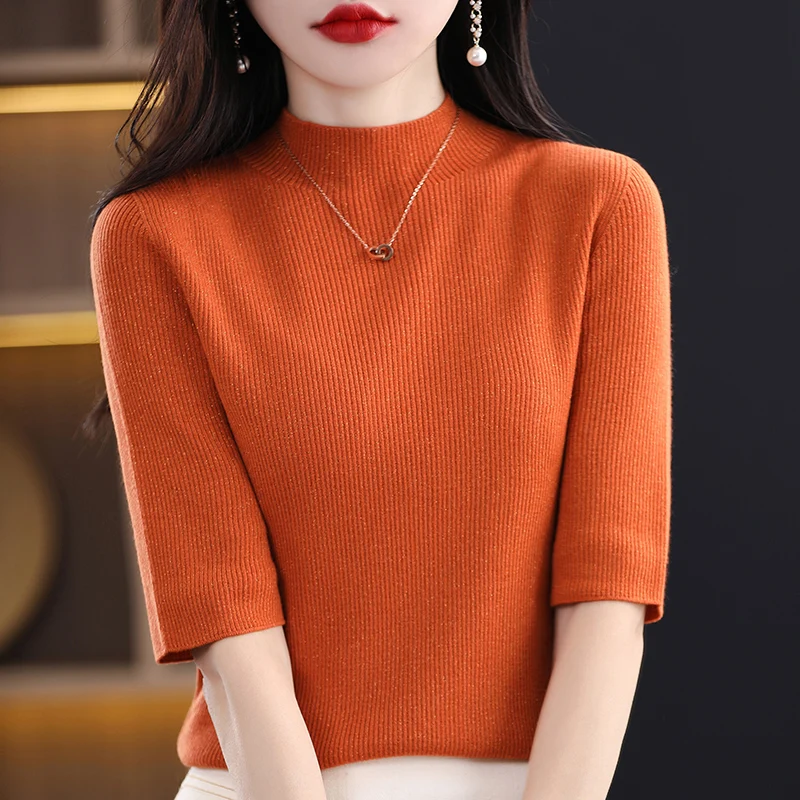 

2023 New Cashmere Sweater Women Short-Sleeve Spring and Summer Five-Quarter Sleeve Fashion Pullover