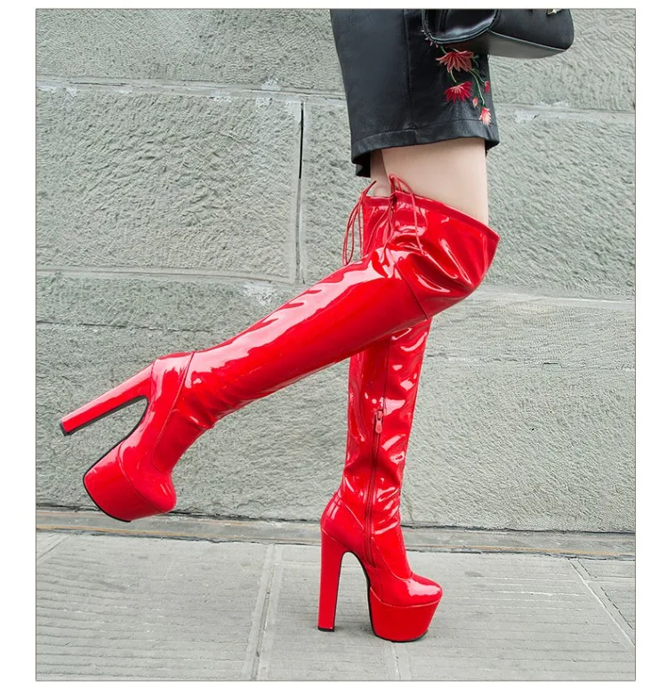 

Women Platform Over The Knee Boots Sexy 17CM Super High Heels Red Patent Leather Long Boots Woman 2020 Winter Black Shoes896