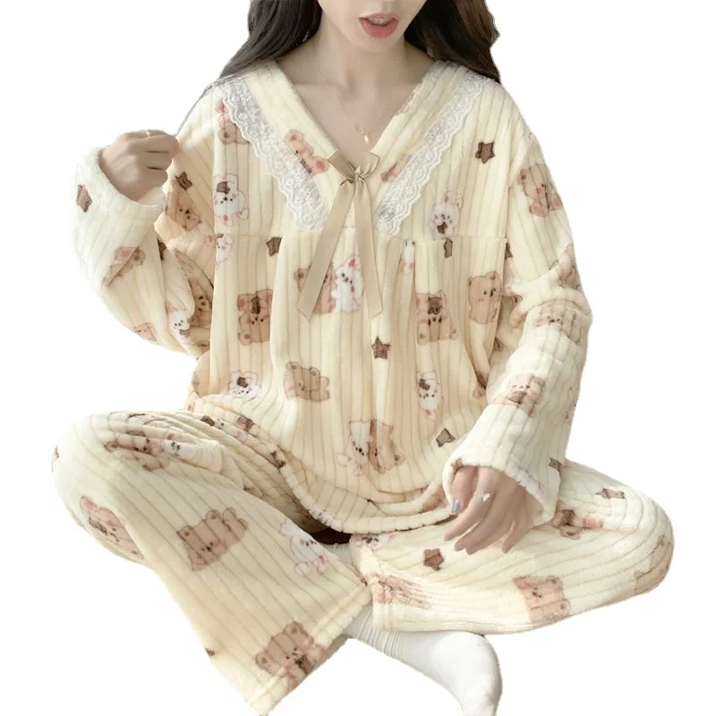 

Женский пижамный комплект из двух предметов с длинным рукавом, Осень-зима 2023, брюки с эластичным поясом, коралловый бархатный пижамный комплект, комплект одежды, пижамы