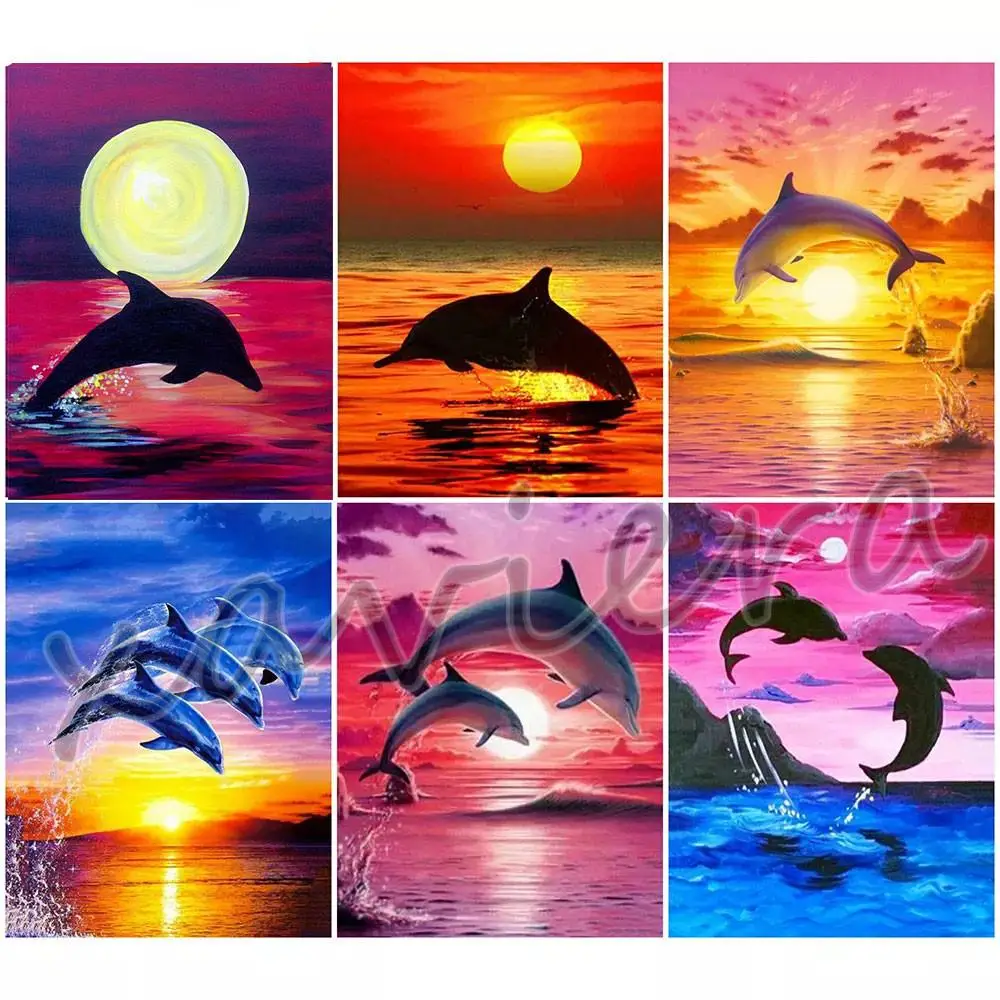 

5D Diy Dolphin Diamond Painting Animal Sunset Sea Scenery Full Round Drill Mosaic Embroidery Cross Stitch Picture of Rhinestones