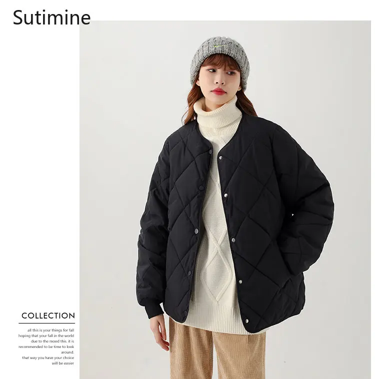 Argyle Cotton Jacket Women New Down Cotton O-Neck Cotton Jacket Short Coat Office Lady Winter Coat for Women Pockets Coat Women