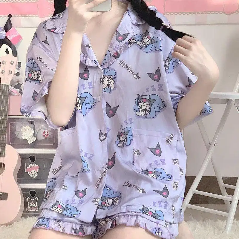 

Kawaii Мультфильм Sanrios Kuromi Hello Kitty принт женский пижамный комплект принцесса стиль летняя фотография для студентов