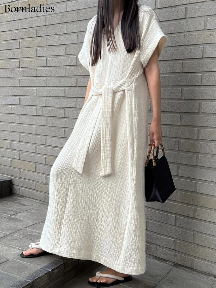

Bornladies Fashion White Loose Dress Lady Summer V-Neck Elegant Straight Dress Woman Belt Lace Up Long Dress Casual Comfort